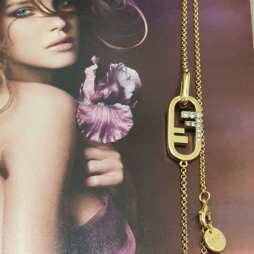 Gold Fendi Monogram Metal Crystals Women Necklace Pendant Jewelry Accessory Gift